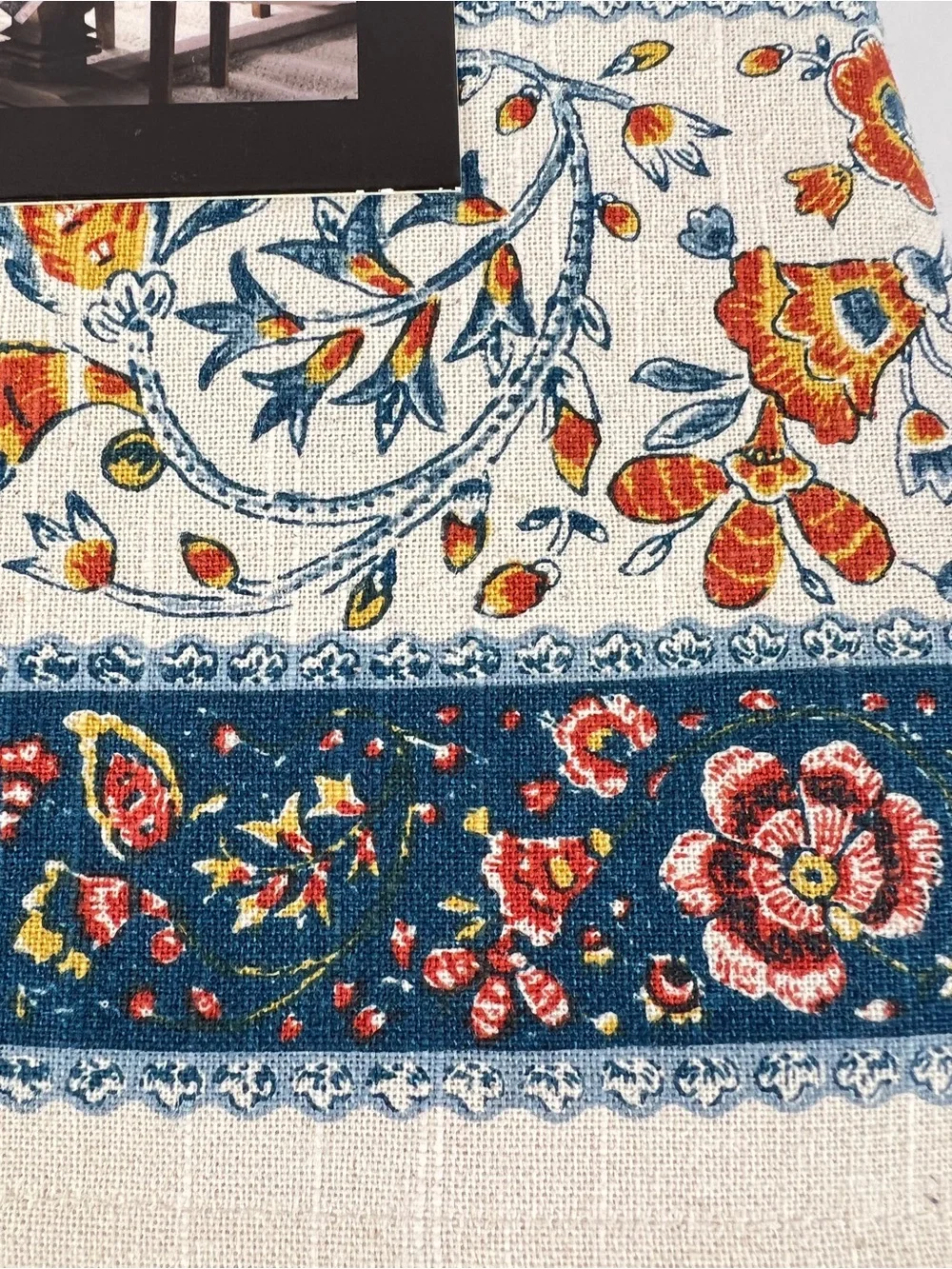 Rachel Zoe FALL Tablecloth 6 Napkins Blue Orange Cream Floral Birds 60 x 120 NEW